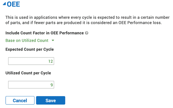 Screen capture of the configuration interface for count-based OEE factor in Vorne XL.