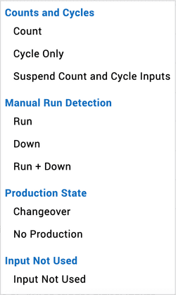 Screen shot of the updated digital inputs menu in Vorne XL with categories and additional options.