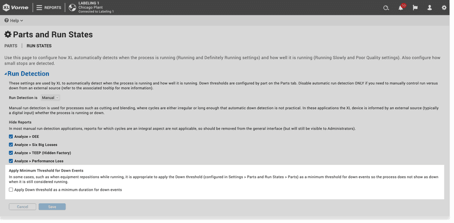Screen capture from Vorne XL settings showing where to apply minimum threshold for down events.
