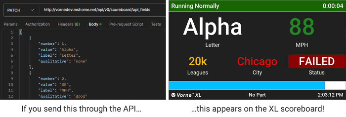 Screen capture of data being sent to the XL API and that data appearing on the XL HD scoreboard.