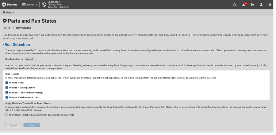 Screen capture from Vorne XL settings showing where to hide irrelevant reports.