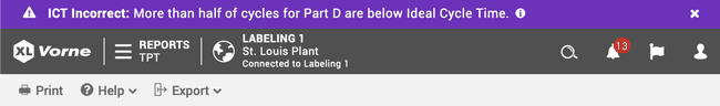 Snapshot of an urgent data quality alert at the top of the Vorne XL web page interface.